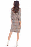 Checked Midi Dress with Fitted Waist and Envelope Neckline