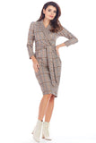 Checked Midi Dress with Fitted Waist and Envelope Neckline