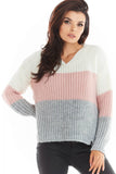 Tri-Color V-Neck Sweater with Ribbed Cuffs