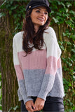 Tri-Color V-Neck Sweater with Ribbed Cuffs