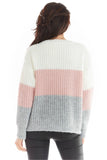Tri-Color V-Neck Sweater with Ribbed Cuffs