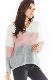 Tri-Color V-Neck Sweater with Ribbed Cuffs