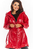 Knee-Length Hooded Vinyl Raincoat with Drawstring Waist