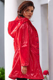 Knee-Length Hooded Vinyl Raincoat with Drawstring Waist