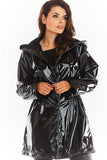 Knee-Length Hooded Vinyl Coat with Drawstring Waist