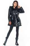 Knee-Length Hooded Vinyl Coat with Drawstring Waist