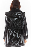 Knee-Length Hooded Vinyl Coat with Drawstring Waist