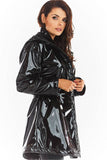 Knee-Length Hooded Vinyl Coat with Drawstring Waist