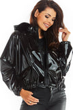 Vinyl Hooded Short Jacket with Pockets - Raincoat Style