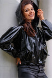 Vinyl Hooded Short Jacket with Pockets - Raincoat Style