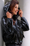 Vinyl Hooded Short Jacket with Pockets - Raincoat Style