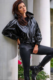 Vinyl Hooded Short Jacket with Pockets - Raincoat Style