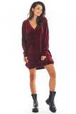 Velour Loose-Fitting Dress with Heart Neckline & Long Sleeves