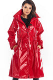 Knee-Length Vinyl Raincoat with High Collar and Drawstring