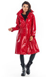 Knee-Length Vinyl Raincoat with High Collar and Drawstring