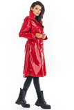 Knee-Length Vinyl Raincoat with High Collar and Drawstring
