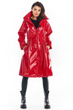 Knee-Length Vinyl Raincoat with High Collar and Drawstring