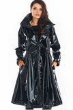 Knee-Length Vinyl Raincoat with High Collar and Drawstring