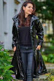 Knee-Length Vinyl Raincoat with High Collar and Drawstring