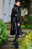 Knee-Length Vinyl Raincoat with High Collar and Drawstring