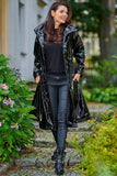 Knee-Length Vinyl Raincoat with High Collar and Drawstring