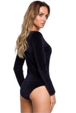 Retro Velour Bodysuit with Graphic Shoulder Detail