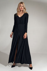 Elegant Black Flared Dress with V-Neck and Slit Detail - black / S
