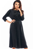 Velour Midi Dress with 3/4 Sleeves and Elastic Waist
