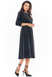 Velour Midi Dress with 3/4 Sleeves and Elastic Waist