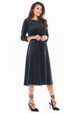 Velour Midi Dress with 3/4 Sleeves and Elastic Waist
