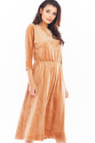 Versatile Midi Velour Dress with 3/4 Sleeves
