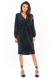 Elegant Velour Dress with Flared Sleeves and Cuffed Hem