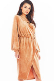 Elegant Velour Dress with Flared Sleeves and Exposed Neckline
