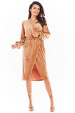 Elegant Velour Dress with Flared Sleeves and Exposed Neckline