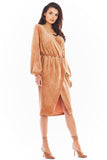 Elegant Velour Dress with Flared Sleeves and Exposed Neckline