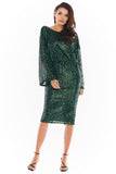 Sequined V-Neck Dress with Elegant Chain and Flared Sleeves