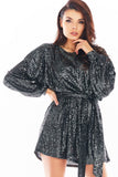 Sequined Dress with Flowing Sleeves and Waist Belt
