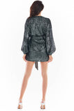 Sequined Dress with Flowing Sleeves and Waist Belt