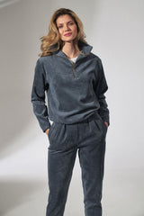 Blue Corduroy Blouse with Stand-Up Collar & Zip Detail - blue / M