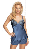 Elegant Azure Satin Nightwear Set with Embroidered Tulle
