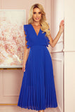 Cornflower Blue Pleated Chiffon Dress with Ruffles