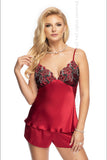 Burgundy Satin Two-Piece Nightwear Set with Embroidered Tulle