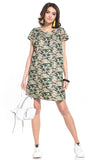 Dark Moro Pattern Mini Dress with Boat Neckline and Short Sleeves