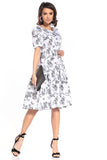 Floral Knee-Length Midi Dress with Boat Neckline & Sleeves