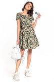 Dark Moro Mini Dress with Boat Neckline and Short Sleeves