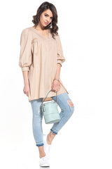 Pointed Neckline Tunic with 3/4-Length Buffet Sleeves - beige / XS