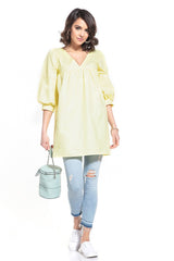 Pointed Neckline 3/4 Sleeve Tunic with Chest Crease - yellow / M