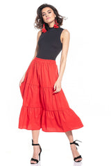 Airy Cotton Skirt with Elastic Waistband - red / L