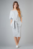 Elegant Knitted Kimono Dress with Decorative Cuffs and Pockets
