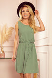 Olive Green Loose-Fitting Trapeze Dress with Belt
